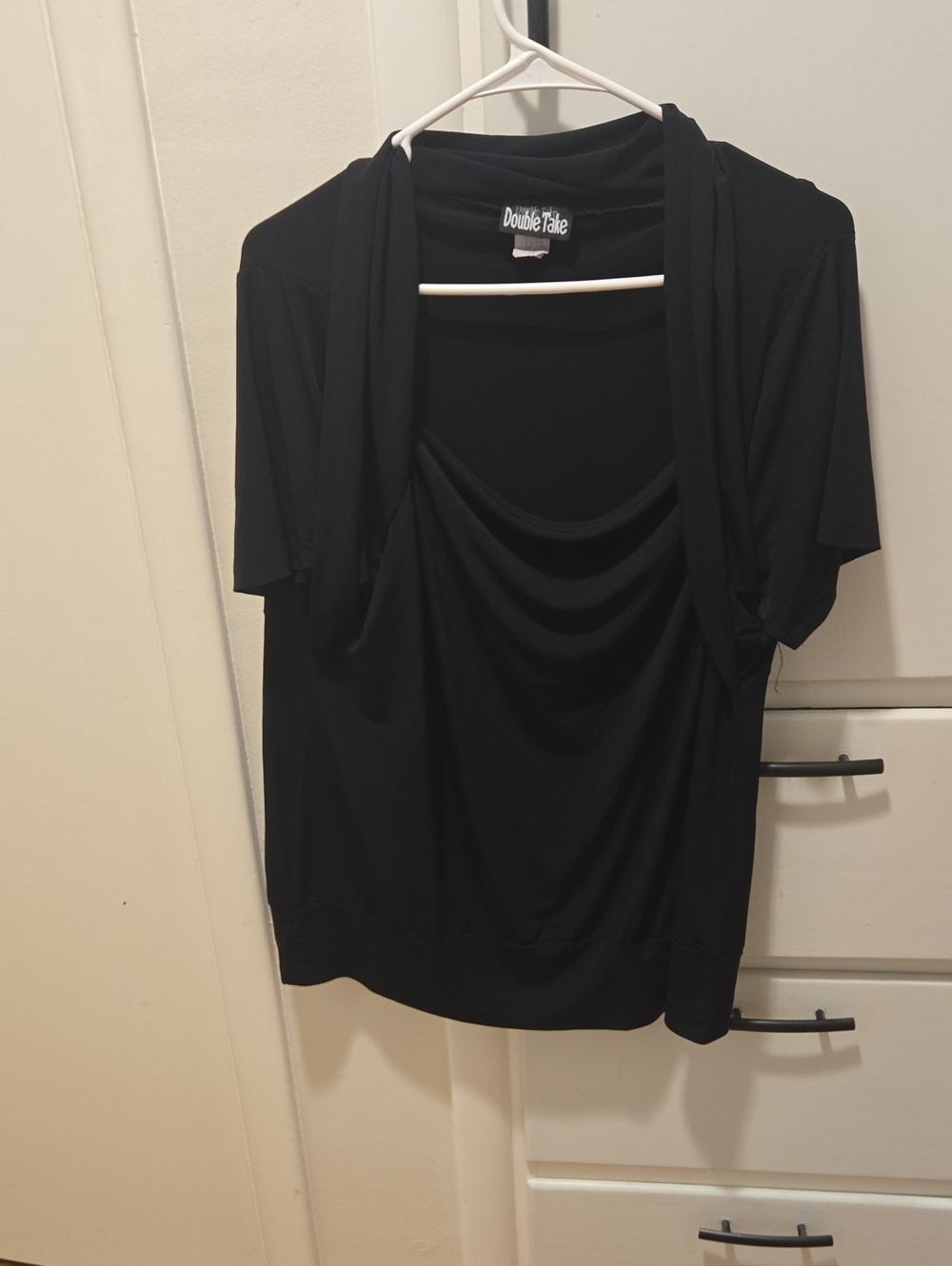 DoubleTake Black Short Sleeve Drape Front Top